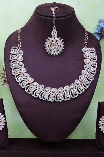 White rose gold premium designer american diamond and stone work necklace set