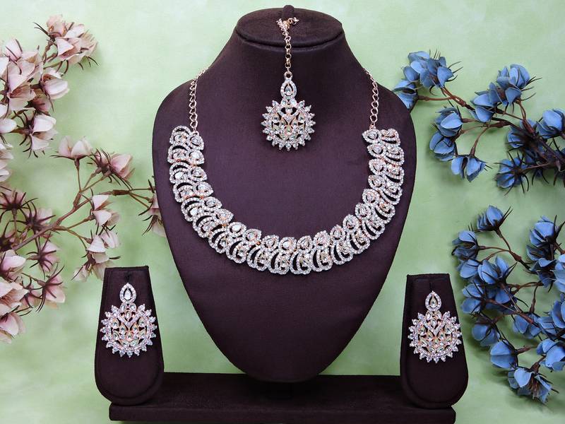 White rose gold premium designer american diamond and stone work necklace set