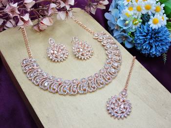 White rose gold premium designer american diamond and stone work necklace set 2