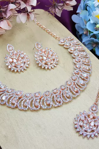 White rose gold premium designer american diamond and stone work necklace set