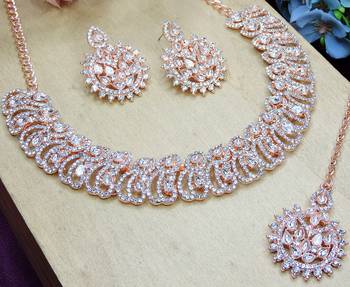 White rose gold premium designer american diamond and stone work necklace set 3