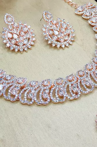 White rose gold premium designer american diamond and stone work necklace set