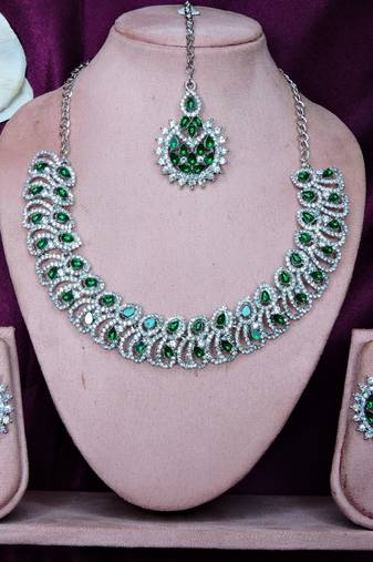 Green rhodium premium designer american diamond and stone work necklace set