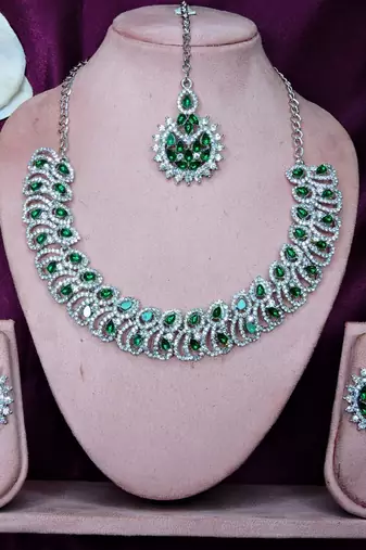 Green rhodium premium designer american diamond and stone work necklace set