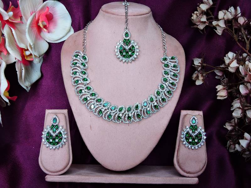 Green rhodium premium designer american diamond and stone work necklace set