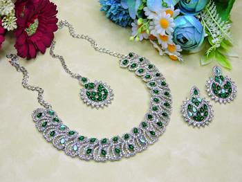 Green rhodium premium designer american diamond and stone work necklace set 2