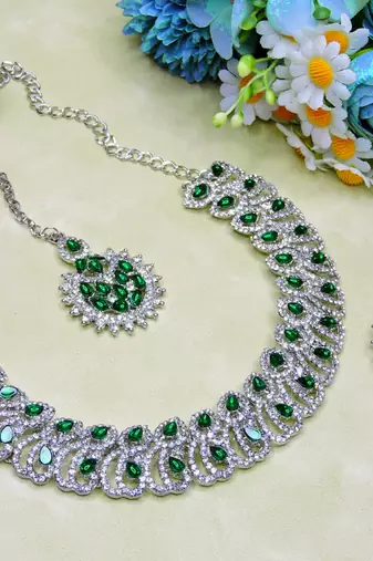 Green rhodium premium designer american diamond and stone work necklace set