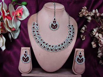 Maroon rhodium premium designer american diamond and stone work necklace set 1