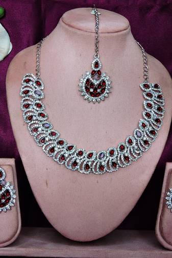 Maroon rhodium premium designer american diamond and stone work necklace set