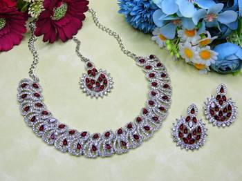 Maroon rhodium premium designer american diamond and stone work necklace set 2