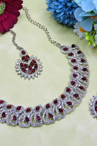 Maroon rhodium premium designer american diamond and stone work necklace set