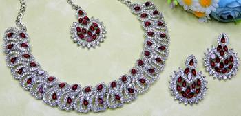 Maroon rhodium premium designer american diamond and stone work necklace set 3