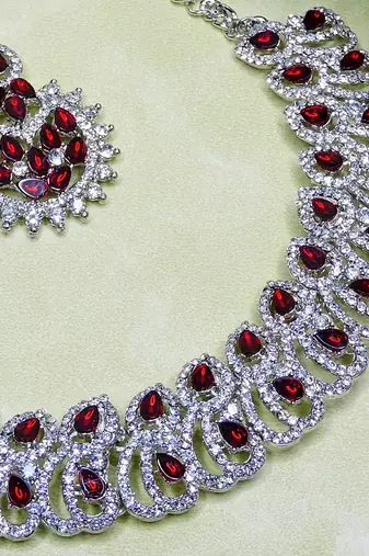 Maroon rhodium premium designer american diamond and stone work necklace set