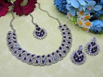 Blue rhodium premium designer american diamond and stone work necklace set 1