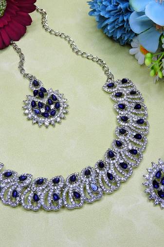 Blue rhodium premium designer american diamond and stone work necklace set