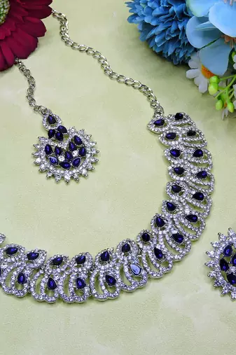 Blue rhodium premium designer american diamond and stone work necklace set