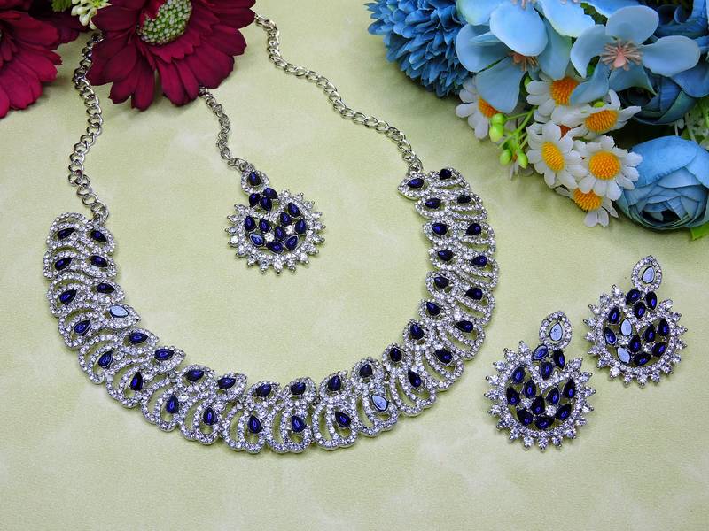 Blue rhodium premium designer american diamond and stone work necklace set
