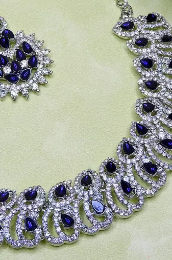 Blue rhodium premium designer american diamond and stone work necklace set