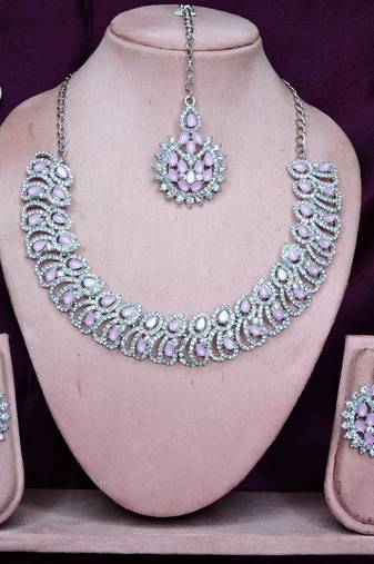 Pink rhodium premium designer american diamond and stone work necklace set