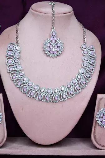 Pink rhodium premium designer american diamond and stone work necklace set