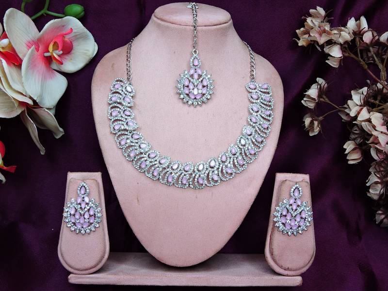 Pink rhodium premium designer american diamond and stone work necklace set