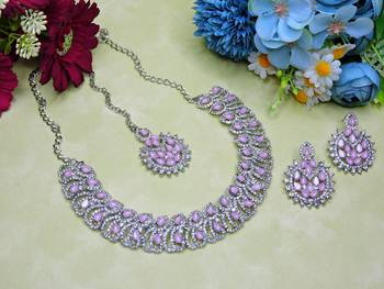 Pink rhodium premium designer american diamond and stone work necklace set 2