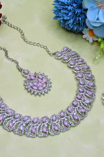 Pink rhodium premium designer american diamond and stone work necklace set