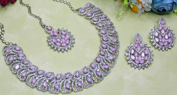 Pink rhodium premium designer american diamond and stone work necklace set 3