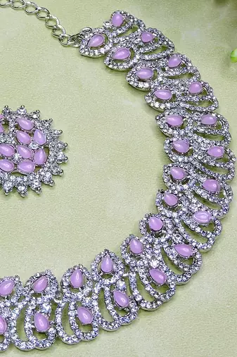 Pink rhodium premium designer american diamond and stone work necklace set