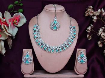 Green rhodium premium designer american diamond and stone work necklace set 1