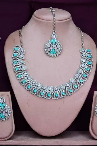 Green rhodium premium designer american diamond and stone work necklace set