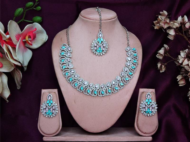 Green rhodium premium designer american diamond and stone work necklace set