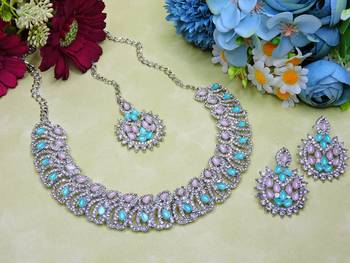 Green rhodium premium designer american diamond and stone work necklace set 2