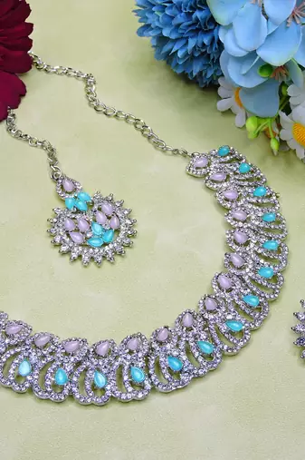 Green rhodium premium designer american diamond and stone work necklace set