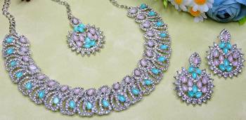 Green rhodium premium designer american diamond and stone work necklace set 3
