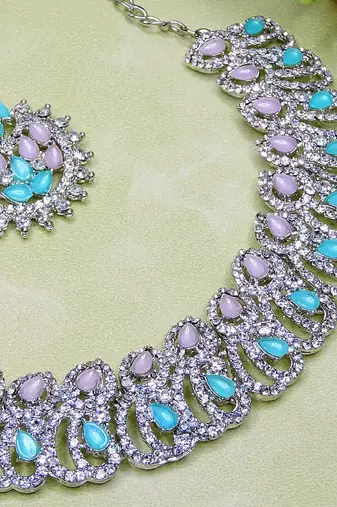 Green rhodium premium designer american diamond and stone work necklace set