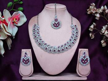 Purple rhodium premium designer american diamond and stone work necklace set 1