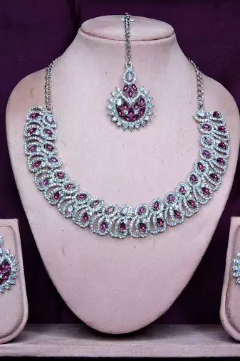 Purple rhodium premium designer american diamond and stone work necklace set