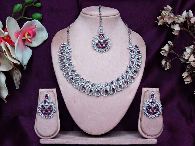 Purple rhodium premium designer american diamond and stone work necklace set