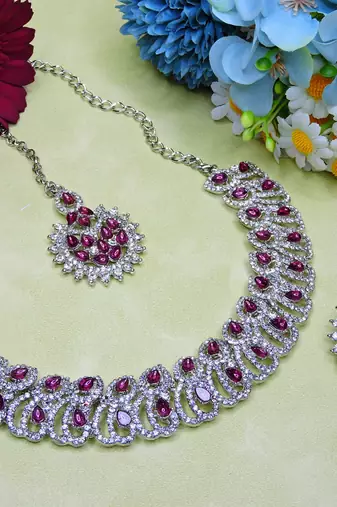 Purple rhodium premium designer american diamond and stone work necklace set