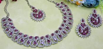 Purple rhodium premium designer american diamond and stone work necklace set 3