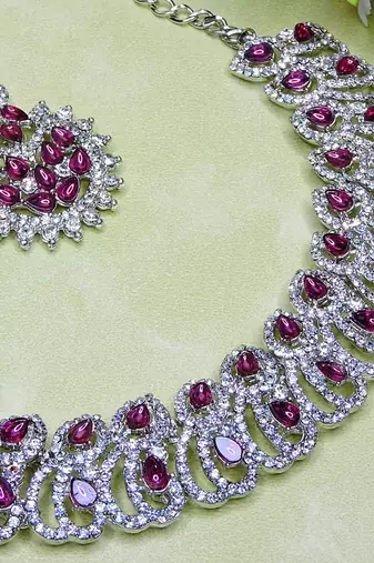 Purple rhodium premium designer american diamond and stone work necklace set