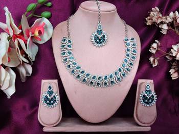 Blue rhodium premium designer american diamond and stone work necklace set 1