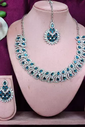 Blue rhodium premium designer american diamond and stone work necklace set