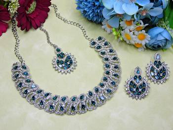Blue rhodium premium designer american diamond and stone work necklace set 2