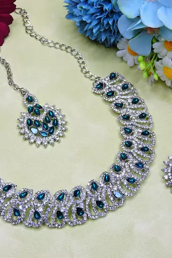 Blue rhodium premium designer american diamond and stone work necklace set