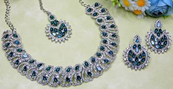 Blue rhodium premium designer american diamond and stone work necklace set 3