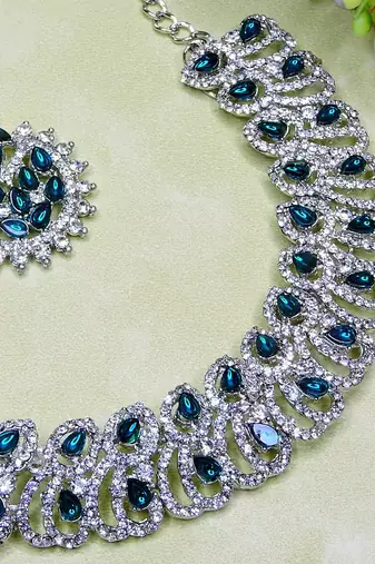 Blue rhodium premium designer american diamond and stone work necklace set