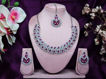Pink rhodium premium designer american diamond and stone work necklace set 1