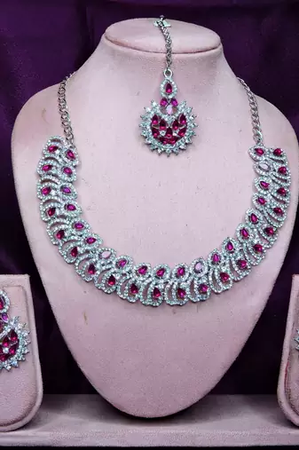 Pink rhodium premium designer american diamond and stone work necklace set